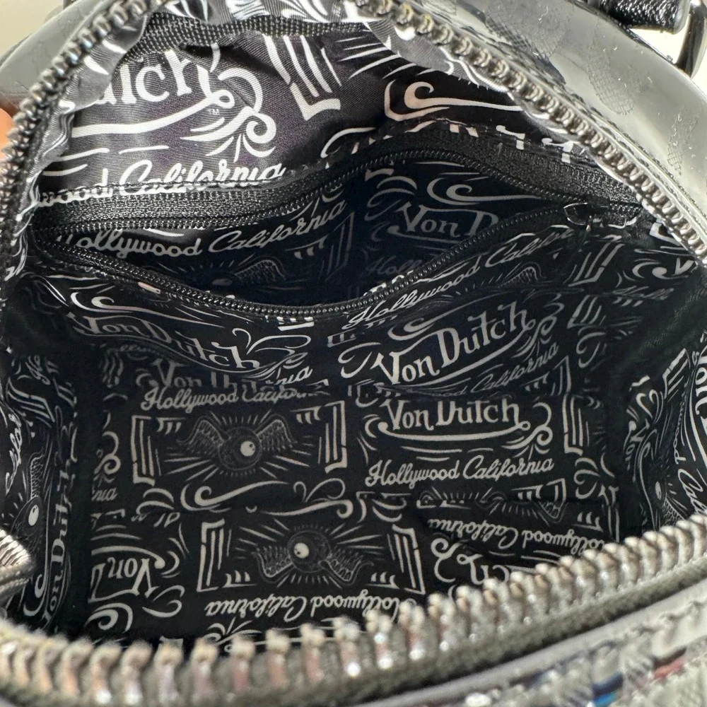 Von Dutch Mini Bowling Bag Black Onyx Reflective Holographic Y2K Satchel Handbag